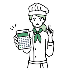 a woman cook recommending, proposing, showing estimates and pointing a calculator with a smile