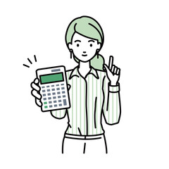 a woman in shirt work style recommending, proposing, showing estimates and pointing a calculator with a smile
