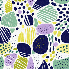  Seamless trendy pebble rock repeat background. Tropical modern beach stones coastal pattern clash fabric print for summer textile designs with a fresh linen cotton effect.