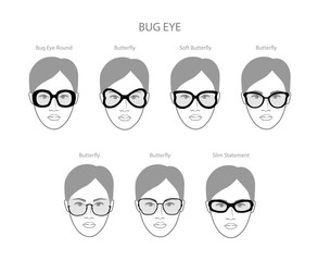 Set of Bug eye frame glasses on women face character fashion accessory illustration. Sunglass front view unisex silhouette style, flat rim spectacles eyeglasses, lens sketch style outline isolated
