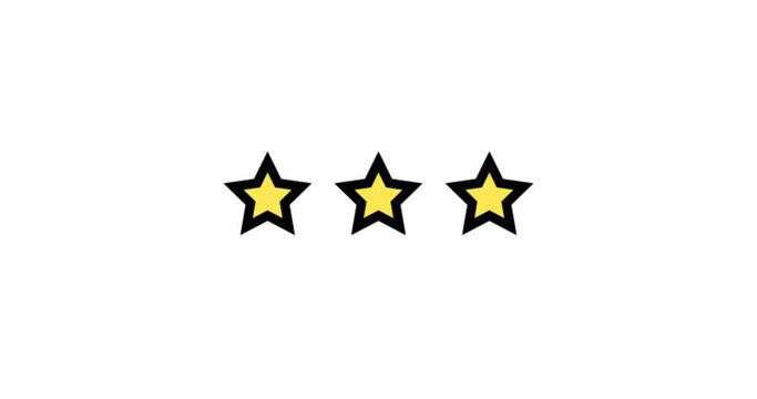 Three Stars Rating animation. Set of Stars. Three Star Rating on White Background. Product Quality, Feedback, Customer review