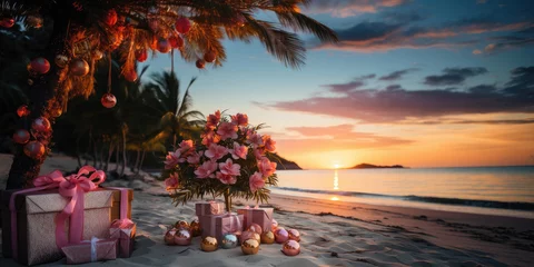 Foto auf Acrylglas Panoramic Christmas tree, gifts , decoration on the tropical beach background.  © nnattalli