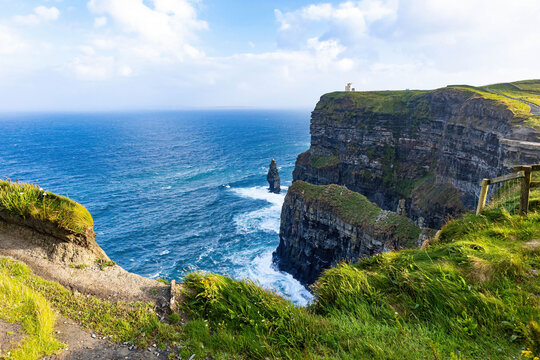 Scenic view of the Cliffs of Moher and O'Brien's Tower at sunrise