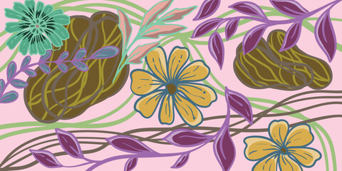 Abstract ornament with curved lines, flowers, leaves. Suitable for use as a graphic resource