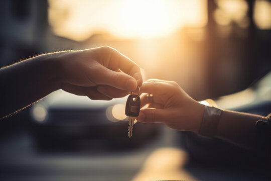Close up shot on hand giving car keys to other man's hand