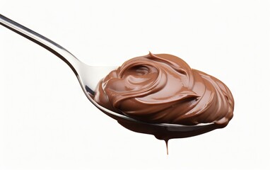 Spoon of melted chocolate hazelnut cream isolated on a white background
