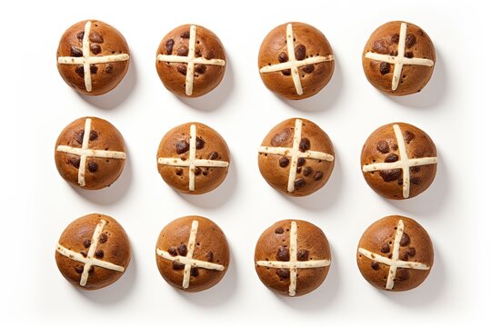 Top view of freshly baked hot cross buns on white backgroud. Generative AI