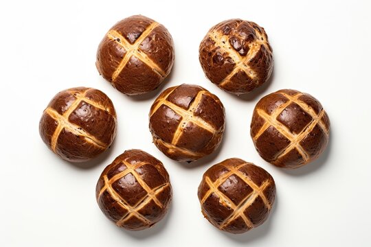 Top view of freshly baked hot cross buns on white backgroud. Generative AI