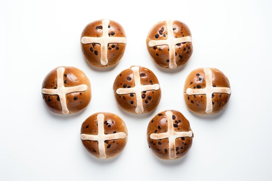 Top view of freshly baked hot cross buns on white backgroud. Generative AI