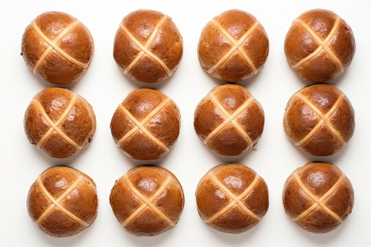 Top view of freshly baked hot cross buns on white backgroud. Generative AI