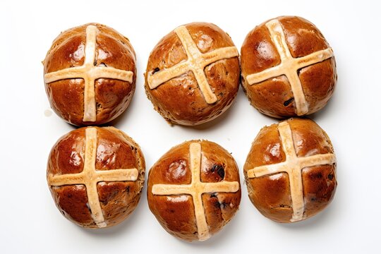 Top view of freshly baked hot cross buns on white backgroud. Generative AI