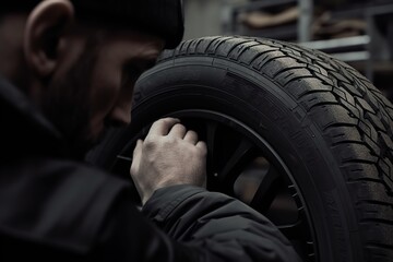Fototapeta na wymiar Car tire shop and service - mechanic holding new tyre on garage background