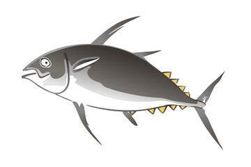 Tuna, a saltwater fish, in the style of Japanese watercolor painting with wide brush strokes. After an illustration in the Japanese book Choju ryakugashiki, published 1868 in the Meiji period. Vector.