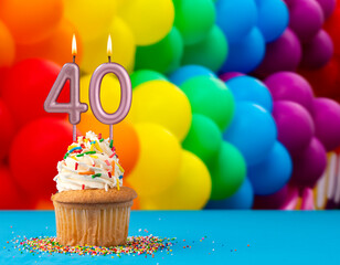 Birthday candle number 40 - Invitation card with balloons in colors of the gay pride march