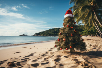 Green Christmas tree with decorations, on tropical beach, red Santa hat on this tree. 