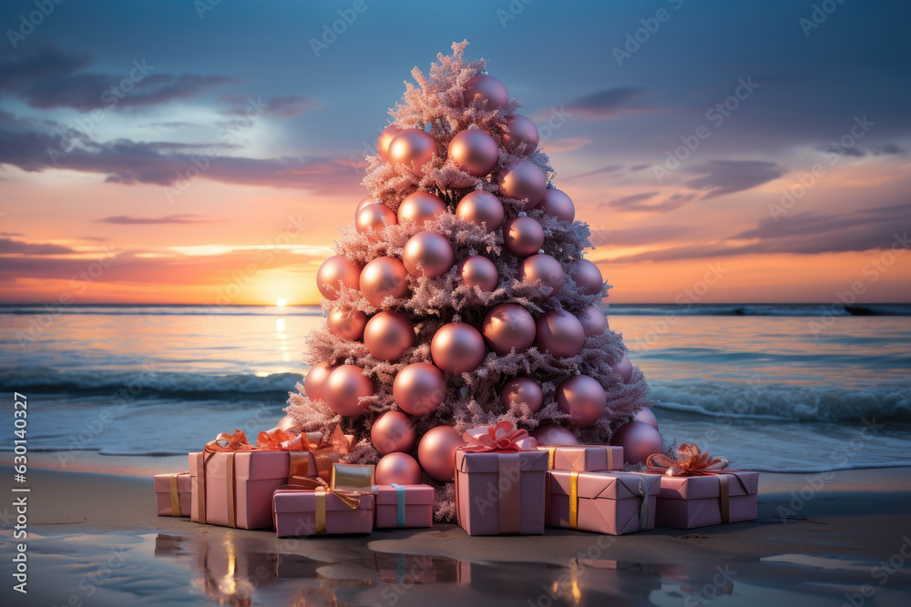 Poster Pink Christmas tree and gifts on tropical beach landscape background