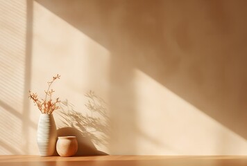 White vase with dry grass on the table in the sunlight