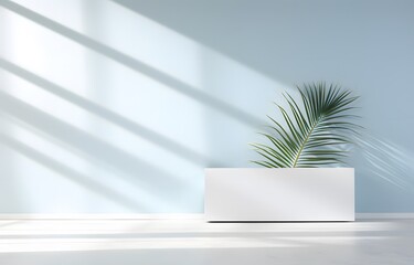 3D render of a white room with a palm leaf on the wall