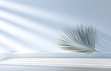 3D render of a blue wall with a palm leaf in a vase