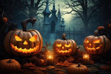 Three jack-o-lanterns with carved faces. The jack-o-lanterns are sitting on a bed of leaves and are surrounded by other pumpkins, candles, spooky
