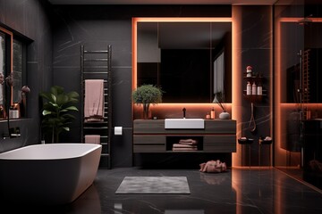 Insane Interior Design of a Dark Bathroom with Orange Led in Neon Style.