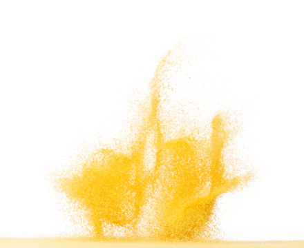 Small size yellow Sand flying explosion, gold cheese sands grain wave explode. Abstract cloud fly. Yellow colored sand splash throwing in Air. White background Isolated high speed shutter, throwing