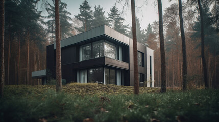 Concept of an AI generated modern house in the forest