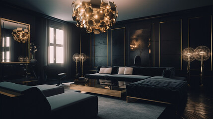 Concept of  a modern living room in black, gold and white