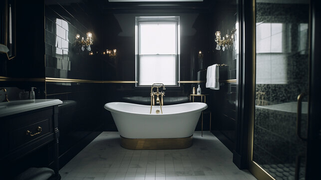 Concept of a luxury bathroom in white, gold and black, AI generated