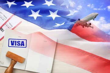 Multiple exposure with airplane in sky, USA flag and passport with visa stamp