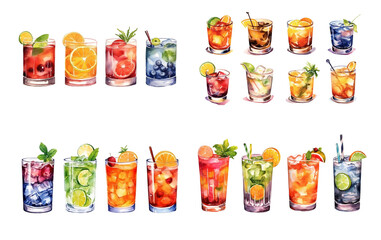 Watercolor cocktail drinks set on white background. Watercolor painting daily routine objects. Hand drawn colorful Sublimation design,white background