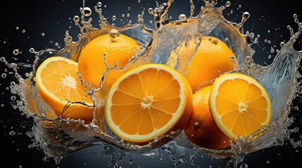 Fototapeta na wymiar Closeup flying fresh orange splashed with water on black background and blur
