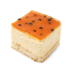 Piece of cheesecake with jelly on white background