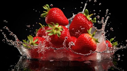 Fototapeta premium Closeup fresh red strawberry hit by water splash on black background and blur
