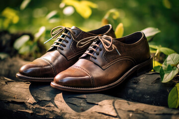 A pair of brown leather dress shoes on a tree stump in a forest. The shoes are laced up and have a cap toe design