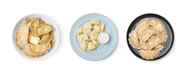 Tasty dumplings (varenyky) with cottage cheese isolated on white, top view