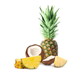 Fresh ripe pineapples and coconut isolated on white