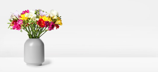 Vase with beautiful colorful freesias on white background, banner design