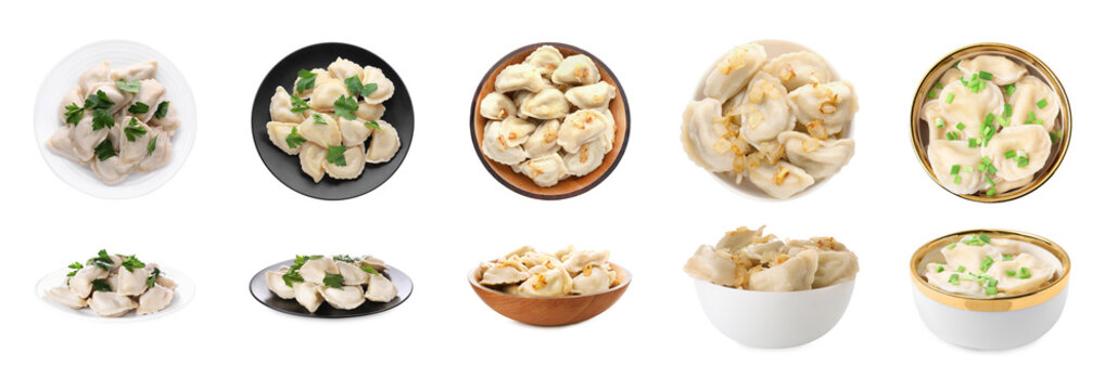 Set of tasty dumplings (varenyky) isolated on white, top and side views