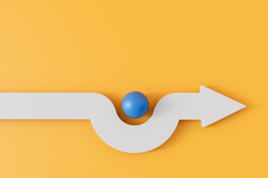 A white business direction arrow moves around an obstacle that is in its path. 3D Rendering