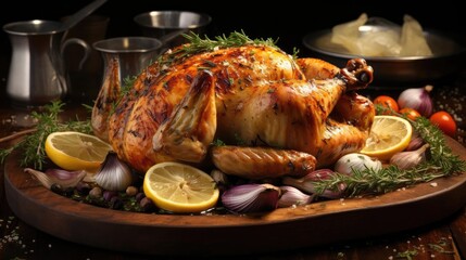 Fototapeta premium roasted chicken and garlic topped with greens and lemon on a wooden table with blur background