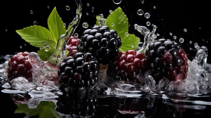 Closeup fresh blackberry and redberry splashed with water on black background and blur