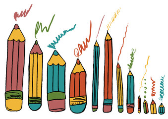 Pencils set. Hand drawn crayons collection. Colourful isolated elements. Kids style drawing pencil. Doodle crayon. Isolated vector illustration.