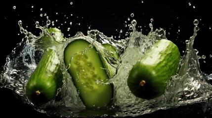 Closeup fresh green cucumber splashed with water on black and blurred background