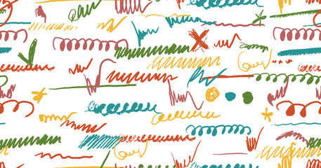 Scribbles seamless pattern. Hand drawn colorful pencil curly lines. Marker drawing squiggles, strokes vector illustration. Paint brush sketches. Scrawl textured freehand wallpaper. Kids background