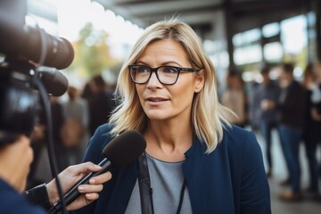 mature professional politician woman being interviewed live by a tv broadcast channel with microphones and cameras on a press conference outside on the city street. Generative AI