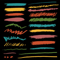 Obraz premium Scribbles set. Hand drawn colorful pencil curly lines. Marker drawing squiggles, strokes vector collection. Paint brush sketches. Scrawl textured freehand isolated elements