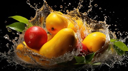 Fototapeta na wymiar Closeup fresh yellow mangoes splashed with water on black and blurred background