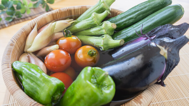 夏野菜イメージ・木桶に水を入れて野菜をつける｜きゅうり・なす・ピーマン・ミニトマト・ミョウガ