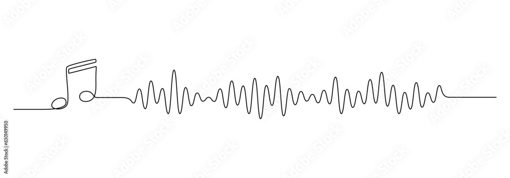 Poster Continuous one line drawing of sound wave with music note. Audio soundtrack and recording voice message in simple linear style. Editable stroke. Doodle vector illustration